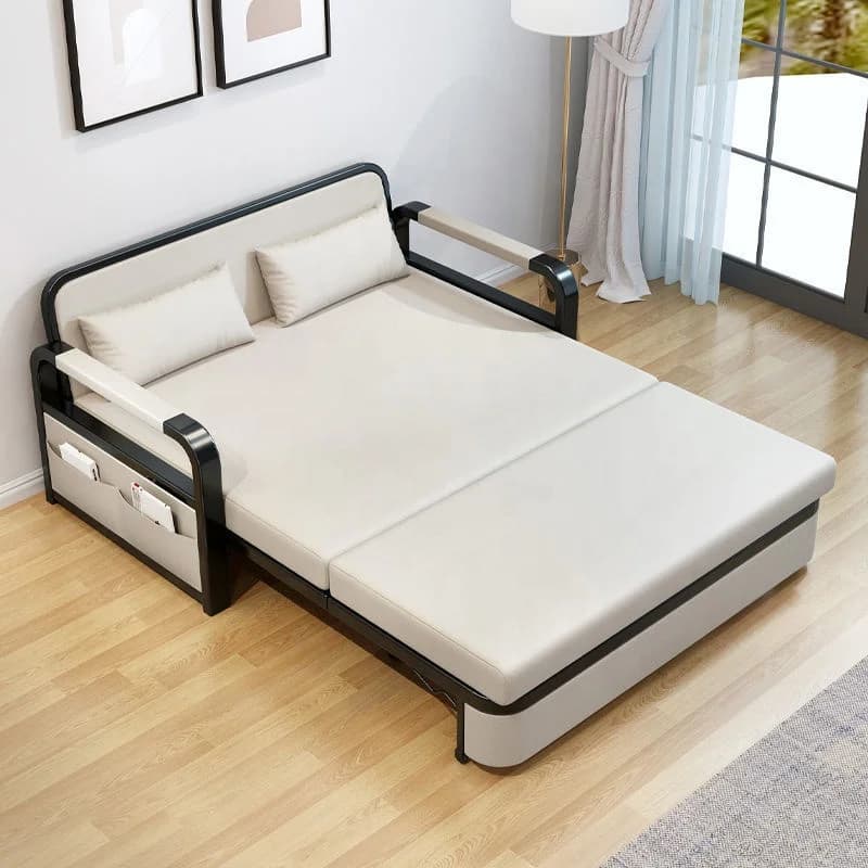 #Modern Metal Frame Sleeper Sofa Bed with Side Storage Pockets Grey Fabric Convertible Loveseat for Small Apartment Living Room