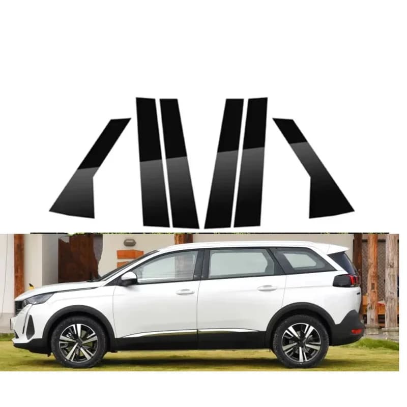6PCS Glossy Black Pillar Post Fit  for Peugeot 5008 2017-2023 Car Window Door B C Cover Mirror Trim Middle Column PC Sticker