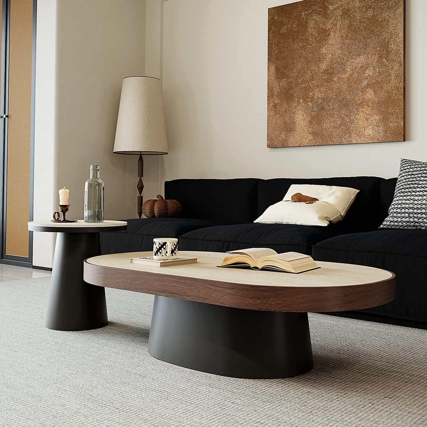 HYS log wind travertine coffee table new living room home light luxury high-end small apartment coffee table combination