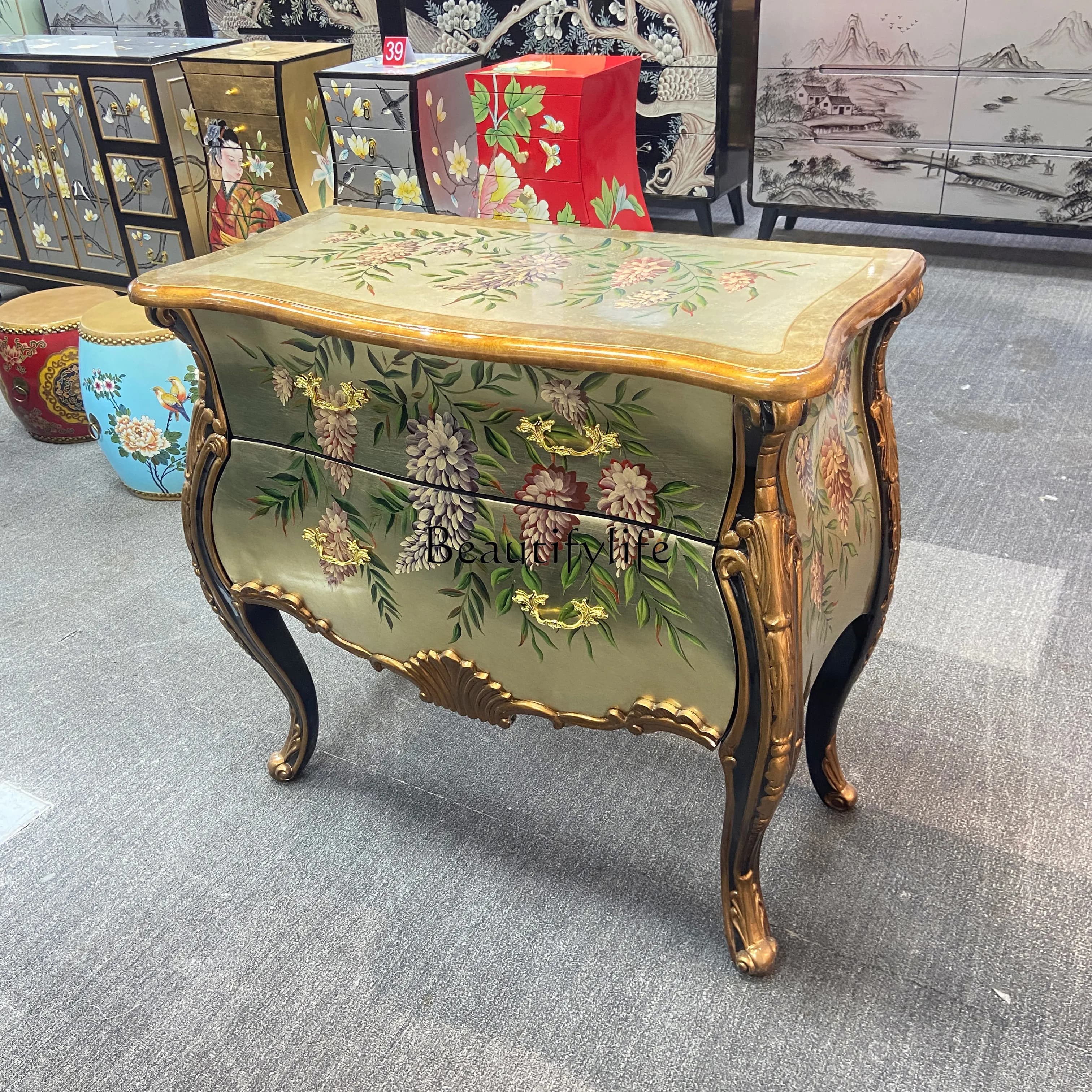 French retro plant flower American chest carved porch side cabinet square
