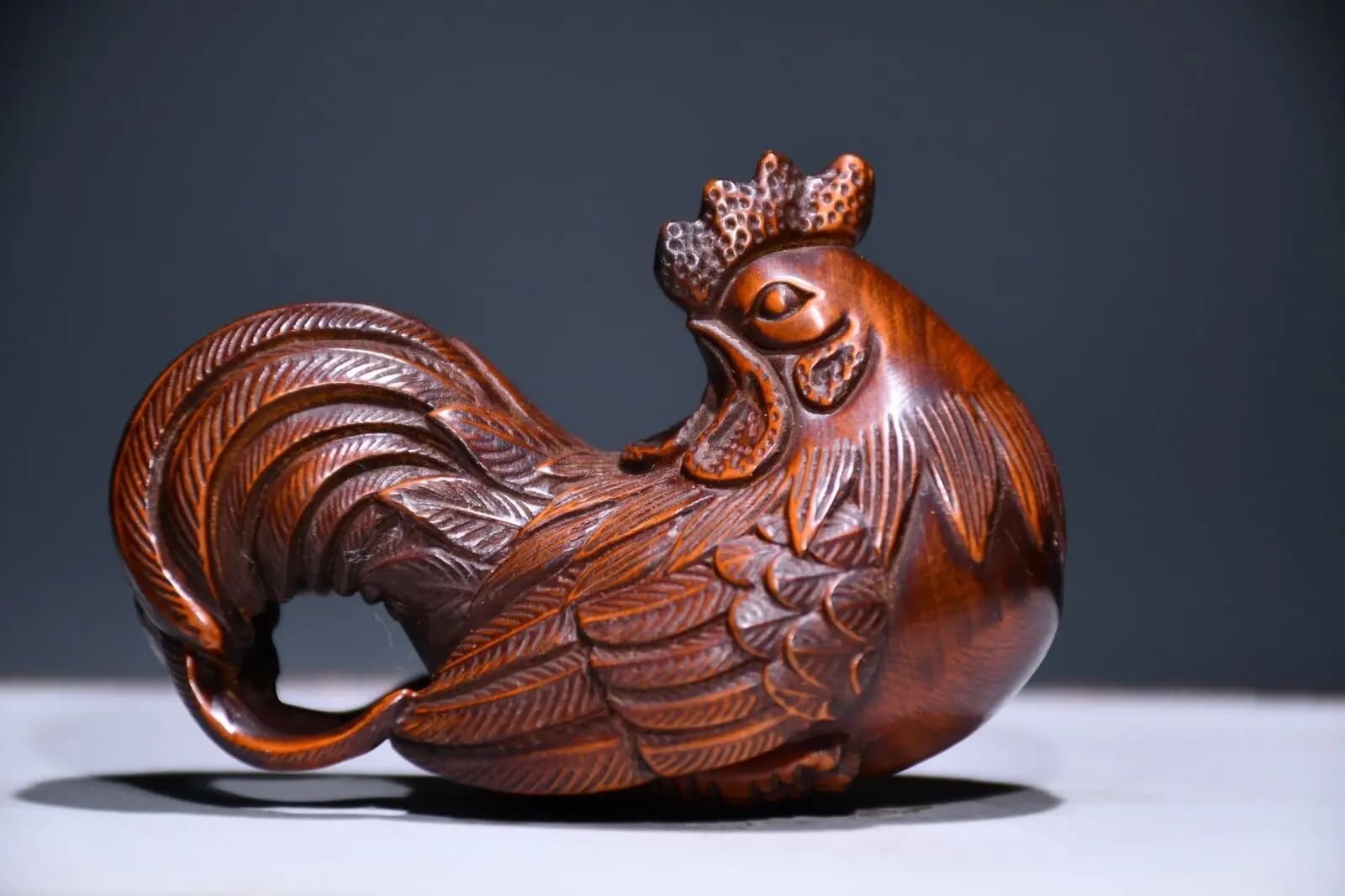 3.1" Chinese Box-wood Hand Engraving Animal 12 Zodiac Chanticleer Statue