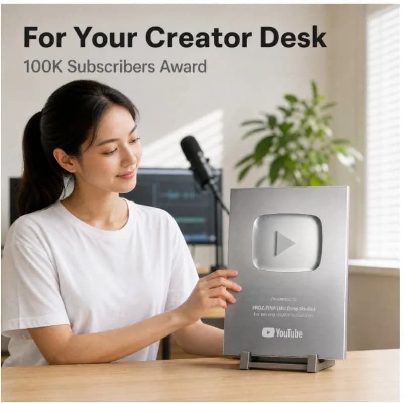 Silver Play Button YouTube Award 100K Subscribers Custom Name Engraved Creator Gift Trophy
