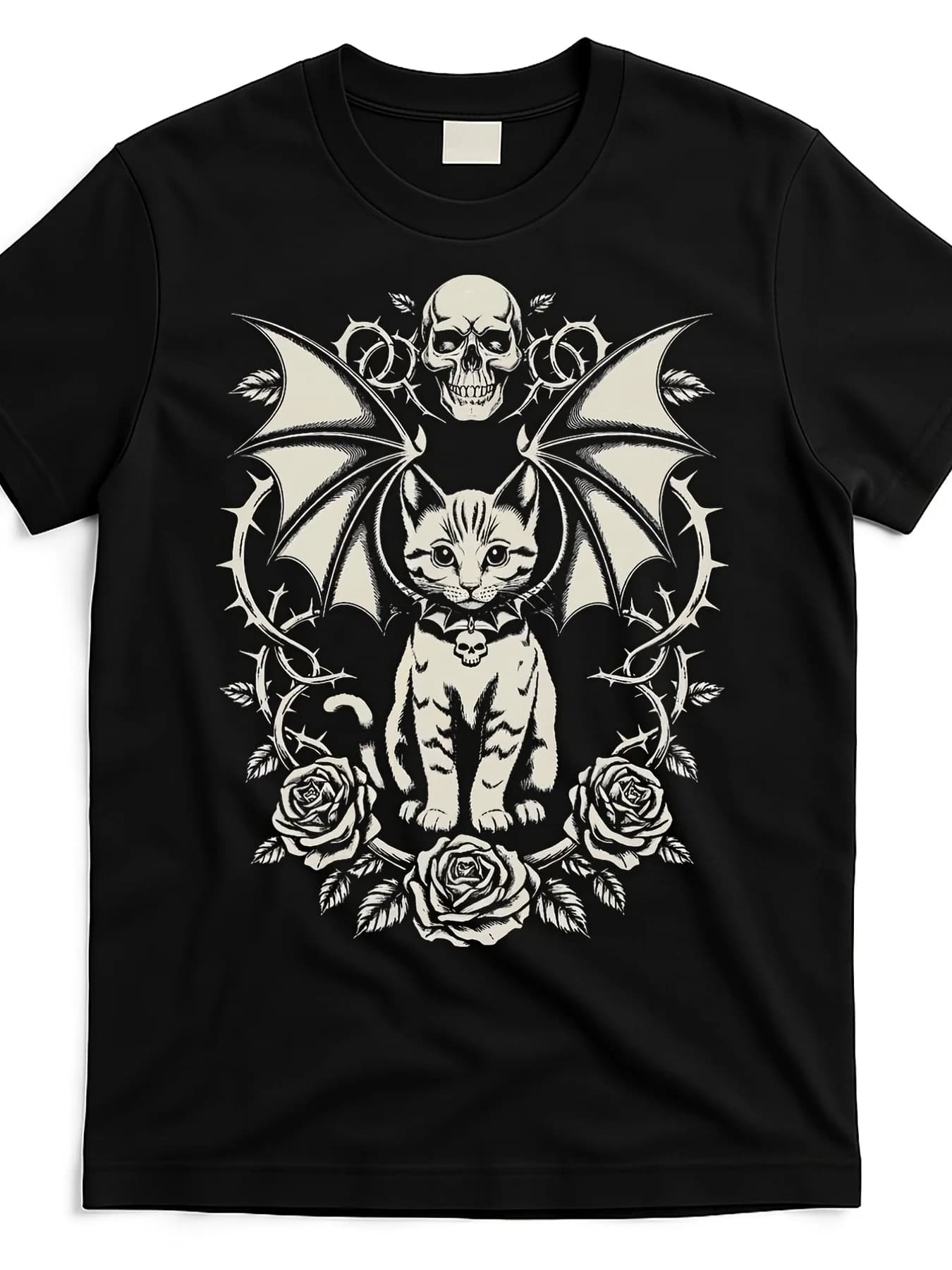 Goth Halloween Skulls Rose Kitten Cat T-Shirt 100% Cotton O-Neck Short Sleeve Summer Casual Mens T-shirt Streetwear