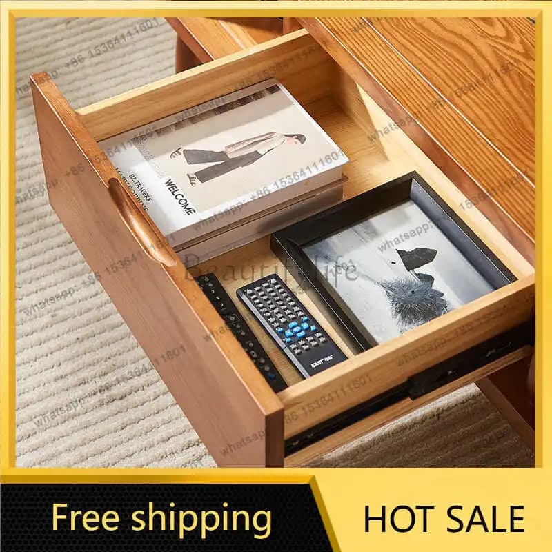 LD antique rattan drawer coffee table living room ash wood combination furniture walnut