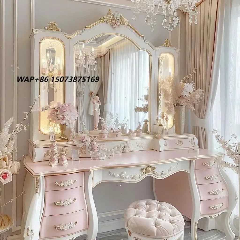 European Style Luxury Extendable Adjustable Dressing Table with Mirror and Drawers for Bedroom Hotel & Apartment Use