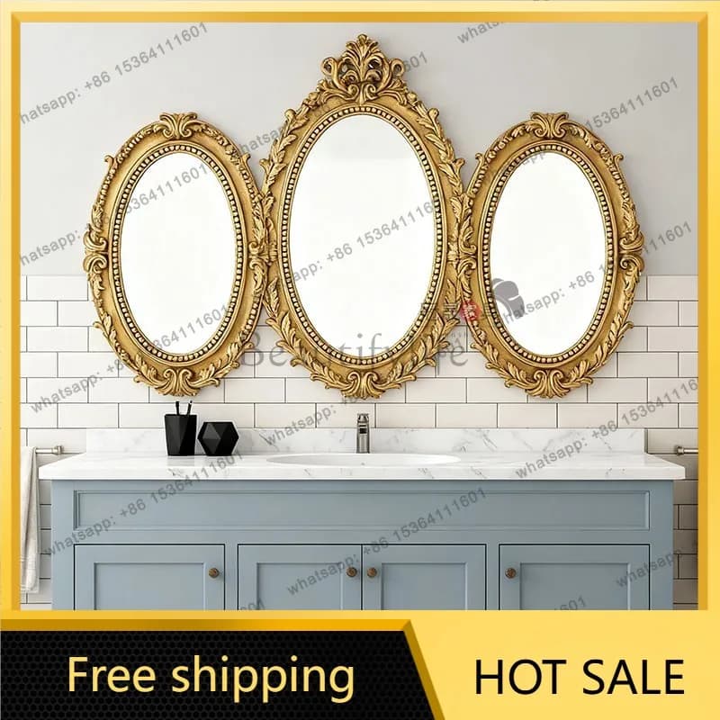 LS French toilet carved bathroom mirror retro three-sided European entrance fireplace decorative mirror