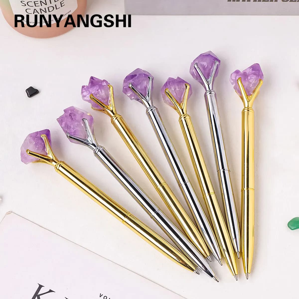 1PC Natural Healing Amethyst Crystal Original Raw Stone Cylindrical Pen Ballpoint Pen Student Stationery Office Business Gifts