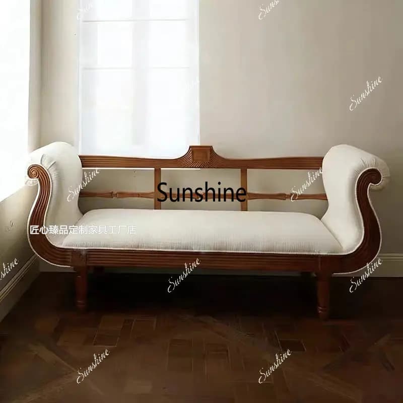 French vintage solid wood double sofa chair, minimalist bedroom velvet, photo bench