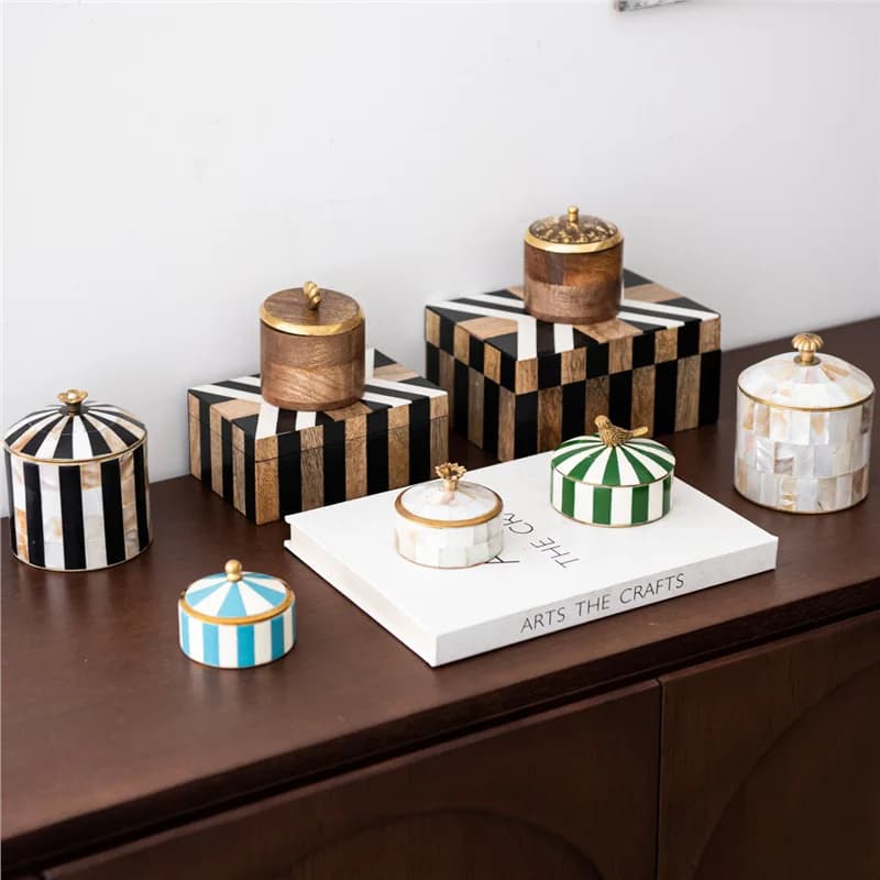 Indian handmade geometric striped color shell beef bone storage go wood jewelry box with lid decorative box