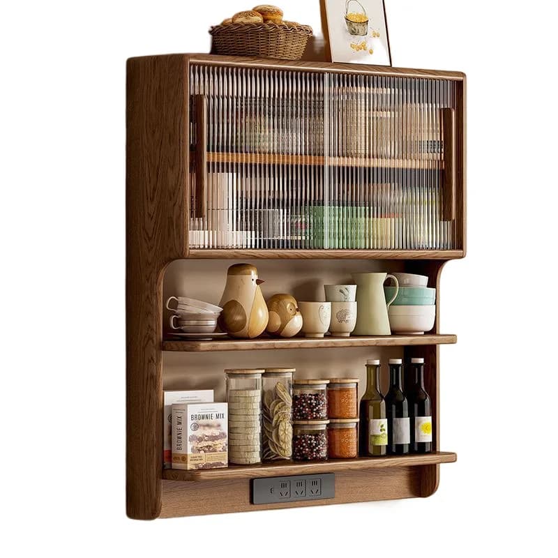 Rubber wood hanging suspended dining side cabinet, glass storage cabinet