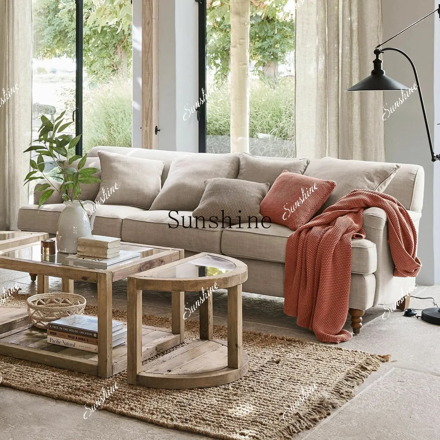 American retro living room small apartment straight row simple household solid wood fabric sofa FT