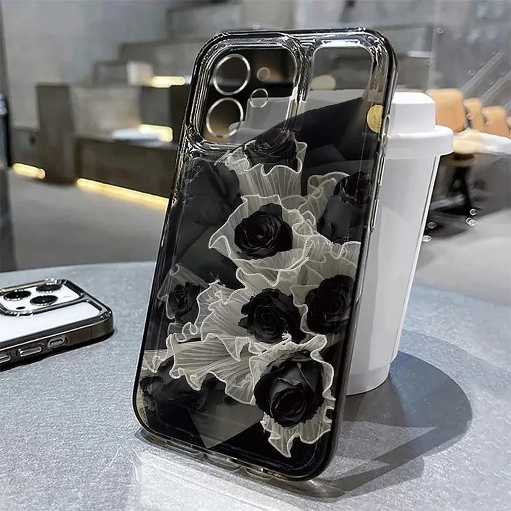 Fahsion Black Floral Clear Case For iPhone 17 Air 16E Rose Flower Case For iPhone 11 13 14 15 12 16 17 Pro Max Soft Phone Cover