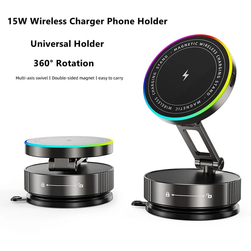 15W Vacuum Magnetic Car Phone Holder,Wireless Charging Phone Stand,Suction Cup Mount 360° Rotation Adjustment Phone Bracket