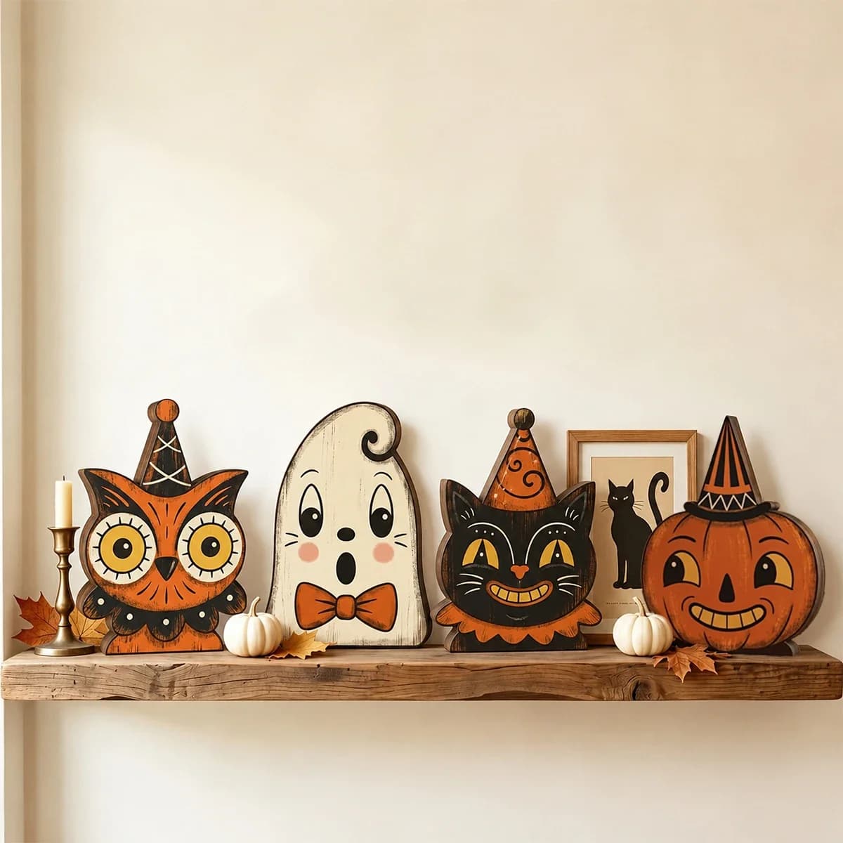 1/3/6pc Halloween Decor Indoor Retro Wooden Block for Shelf Decoration Ghost,Pumpkin,Black,Cat,Skeleton,Owl,Housewarming Gift