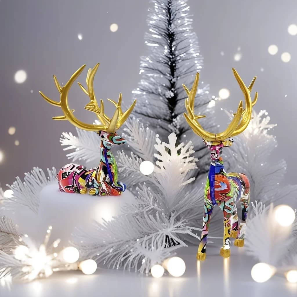 A Set Of Two Dazzling Reindeer Statues With Resin Cartoon Patterns, Christmas And New Year Fairy Tale Themes, Home Decoration