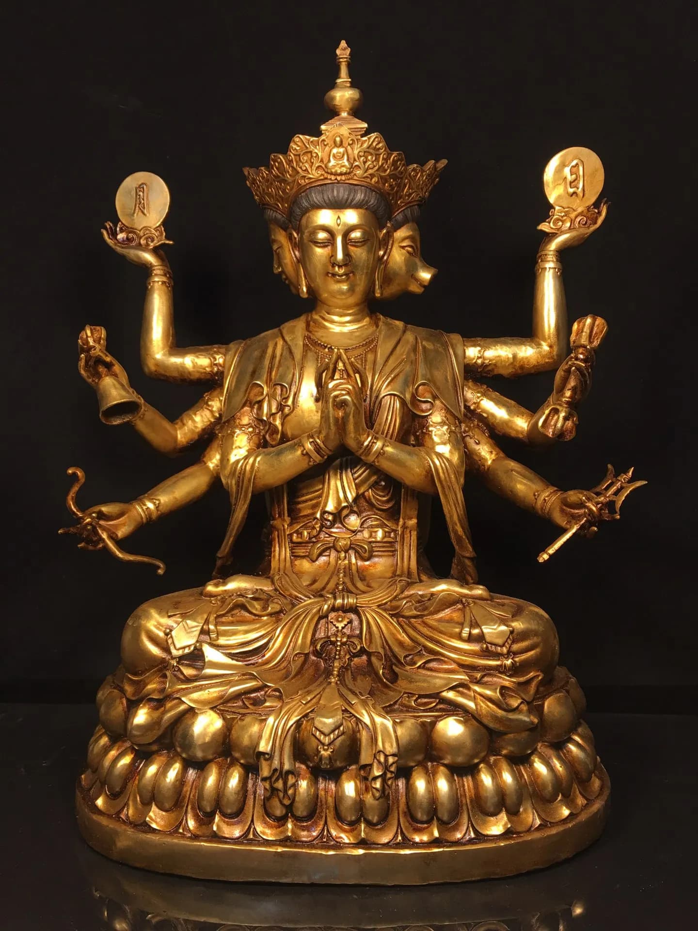 19"Tibetan Temple Collection Old Bronze Gilded Painted Face The Goddess of Big Dippers immortals Sitting Buddha Worship Hall