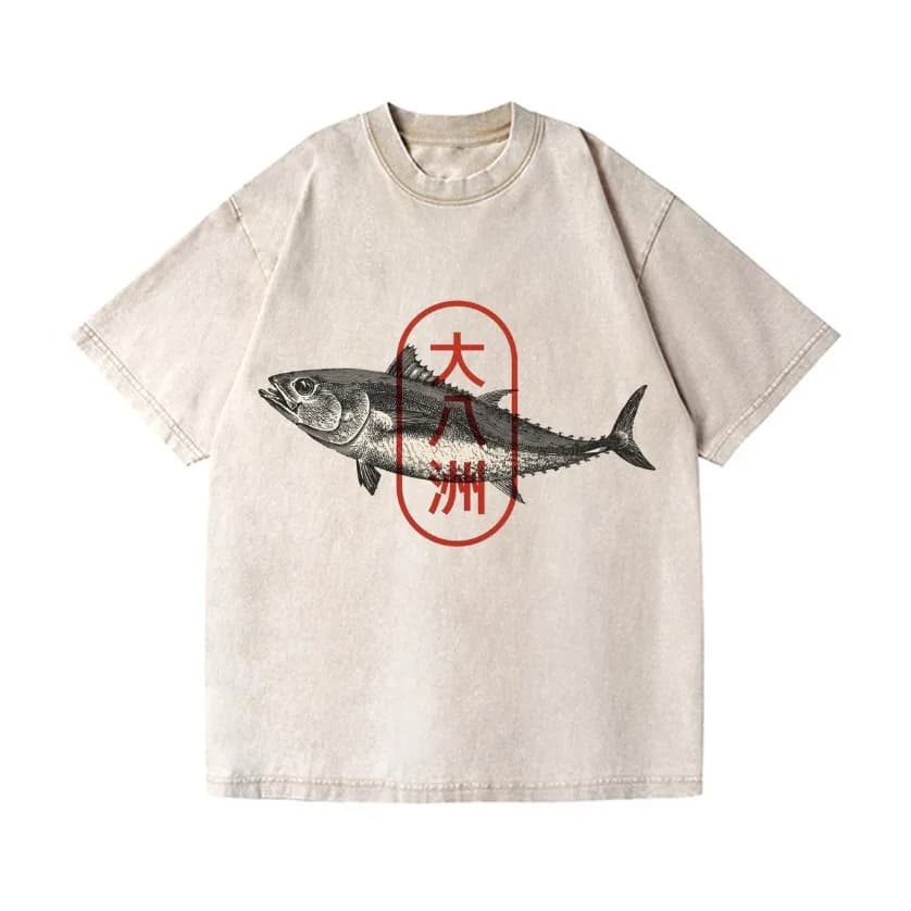 Summer Fashion 100% Cotton Washed Acid T-shirts Men's Great Eight Islands of Japan Tuna Fish Vintage Wash Japanese Design Tees