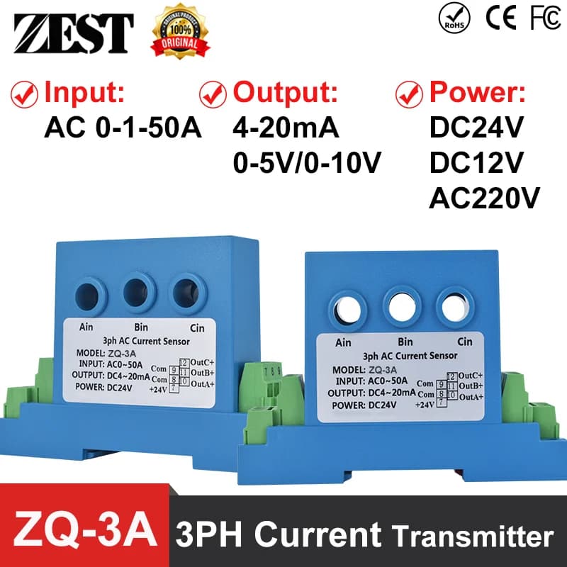 ZQ-3A Three Phase AC 0-50A Current Transmitter 4-20mA 0-5/10V analog Output RS485 Relay Current Transducer