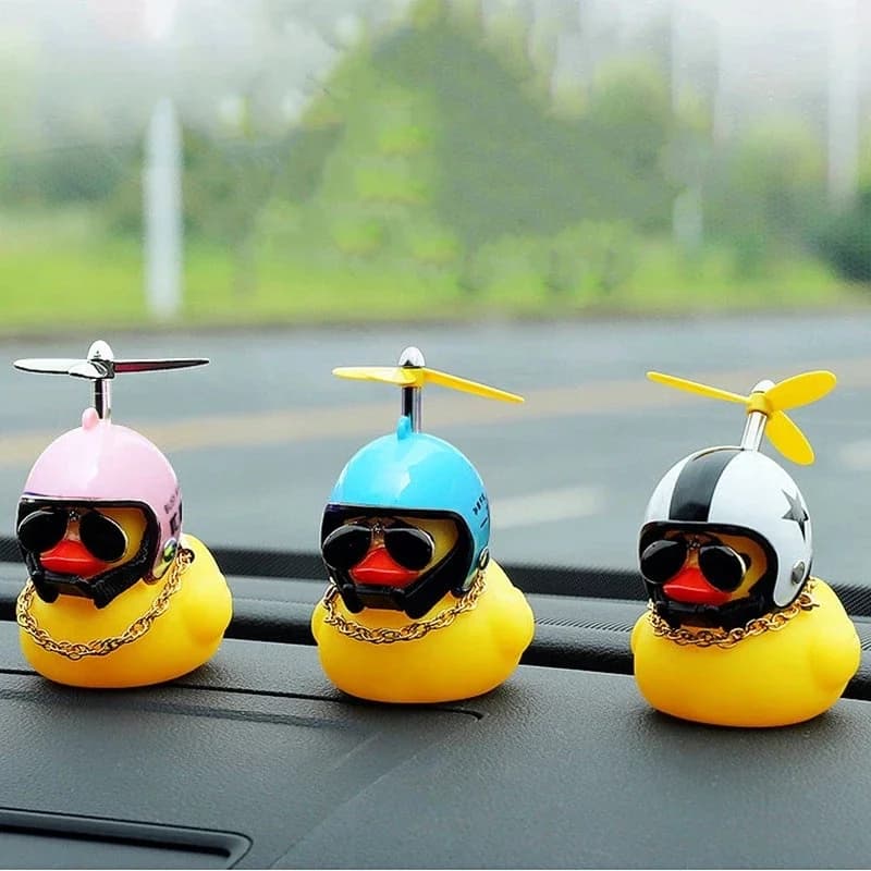 Cute Yellow Duck Figurine with Helmet & Propeller, No Light, for Car Motorcycle Bicycle Dashboard Decoration Gift