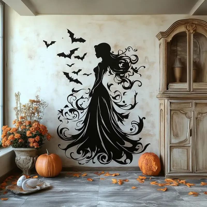 Witch Silhouette with Bats Wall-Decal Halloween Vinyl Home Decor for Living Room, Children's Room Gothic Horror Stickers AC31