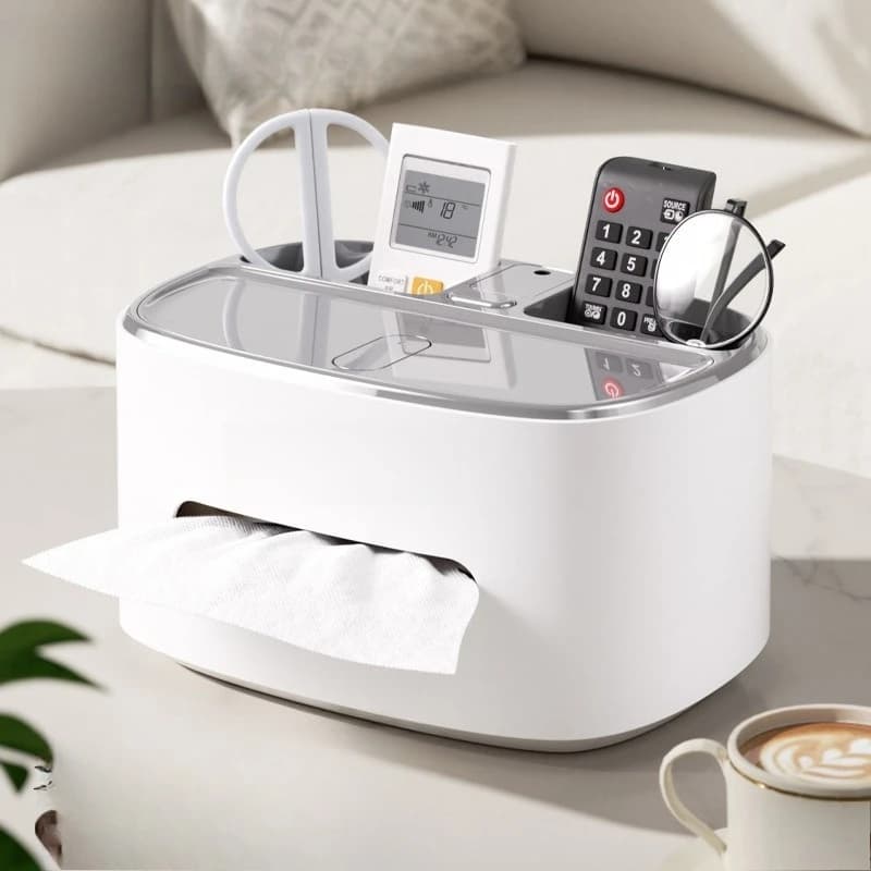 tissue box, paper drawing desktop, living room coffee table, napkin, remote control, light luxury, high-end 2026 new model