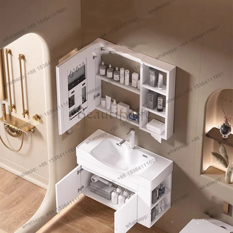 ljy Solid Wood Toilet Bathroom Cabinets Vintage Vanity Drawer Ceramics Bathroom Cabinets Storage Mirror Mobiletto Bagno Furnitur