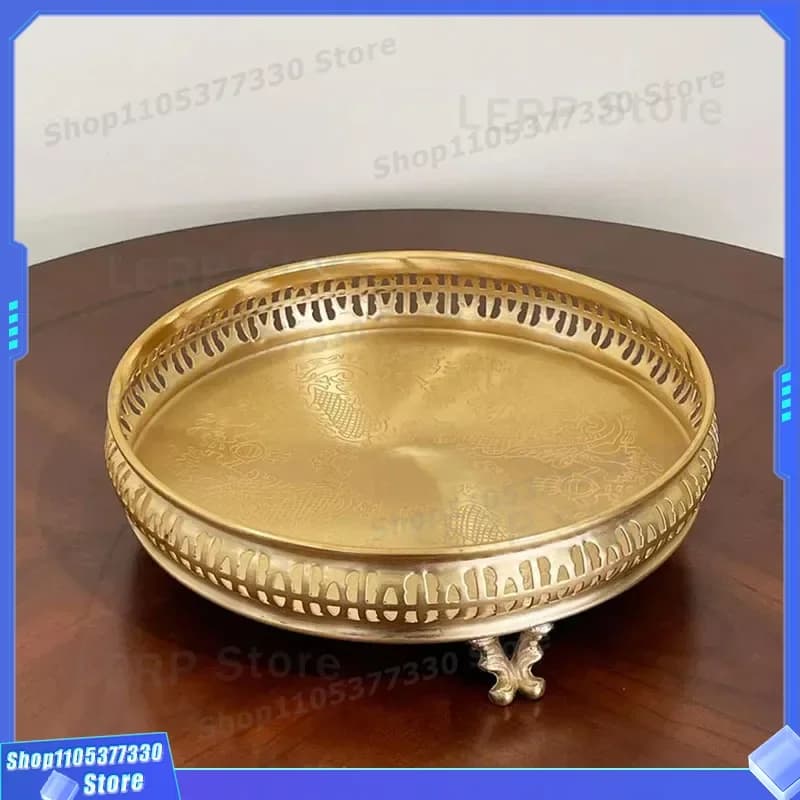 Vintage Handmade Brass Round Tray Engraved Copper Tea Serving Platter Retro Home Decor Fruit Snack Storage Dish for Living