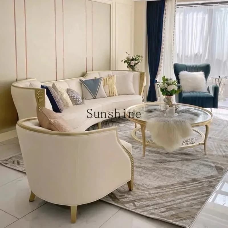 American rural light luxury fabric three-person sofa solid wood soft bag combination, curved carved living room villa
