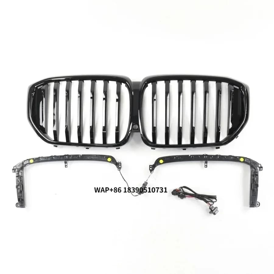 TIYPEOR Car Double Slats Glossy Black Kidney Center LED Mesh Grille Dual Line Front Grille for X5 G05 2019-