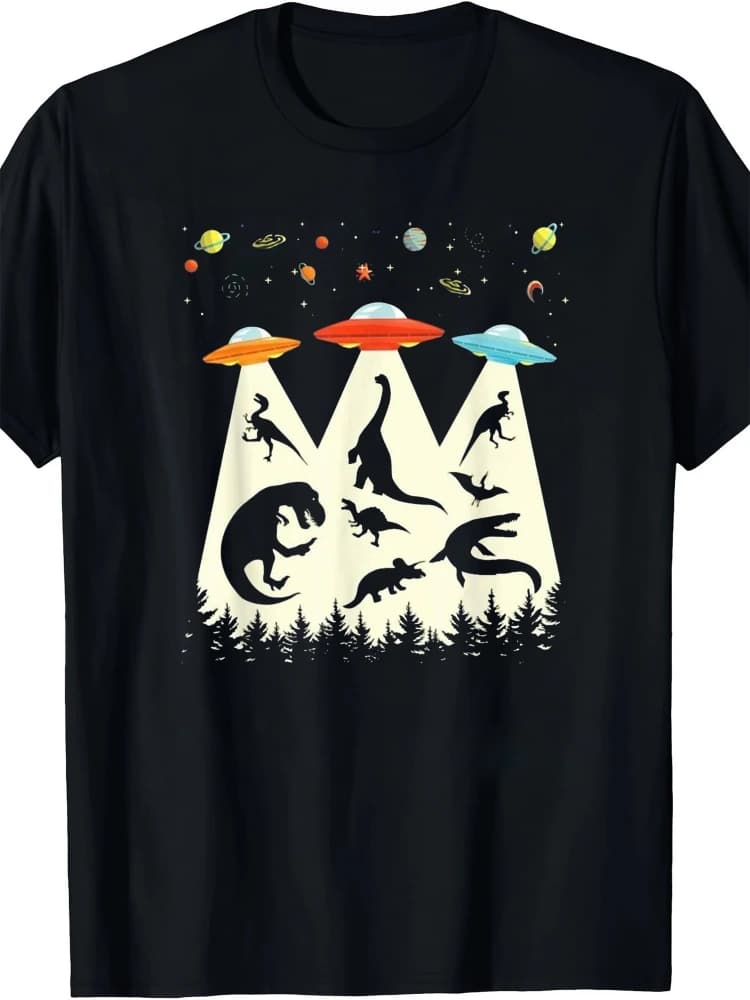 Retro Dinosaur & UFO Graphic design -100% cotton summer casual round neck printed men's T-shirt.