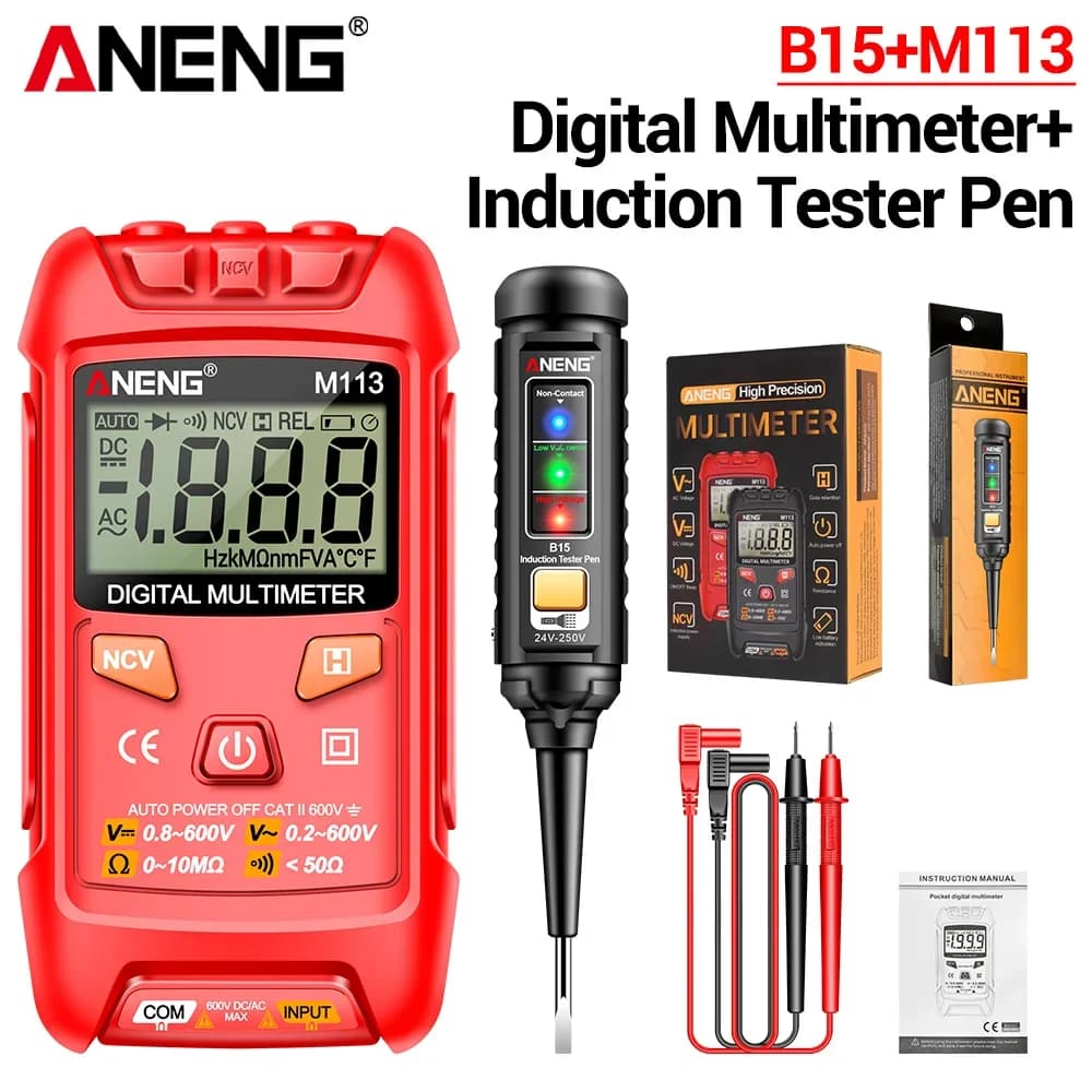 Mini Digital Multimeter M113+B15 Induction Tester Pen AC/DC Voltage Meter 1999 Counts Ohm NCV Resistance Measuring Instruments