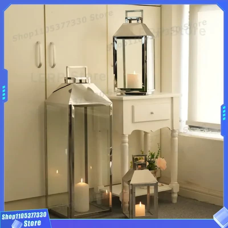 Modern Luxury Stainless Steel Silver Pillar Candlestick Metal Lantern for Indoor Outdoor Home Decor Table Centerpiece Party