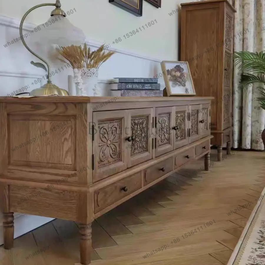 Customization American Solid Wood Carving Flower Retro Pastoral Style Living Room Storage Bed And Breakfast Long Cabinet