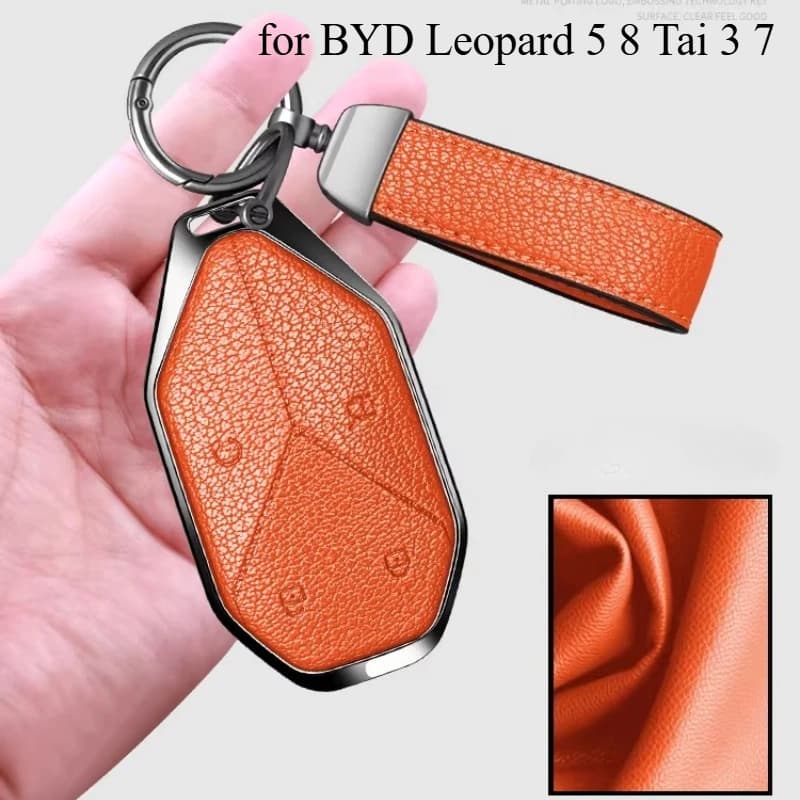 Key Fob Cover Case for BYD Leopard 5 8 Tai 3 7 Zinc Alloy + Leather Smart Remote Key Case Protector with Keychain