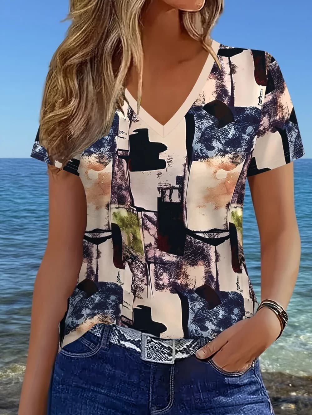Retro women's 3D checkered printed T-shirt V-neck short sleeved T-shirt Y2k fashionable men's top street wear women's clothing