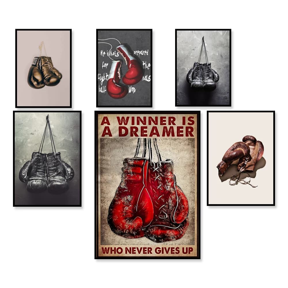 Boxing Gloves Inspirational Motivational Poster, Vintage Art Photography Picture, Home Décor Wall Art Monochrome