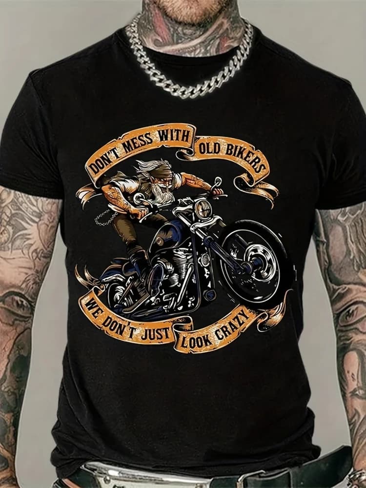 Men's motorcycle printed T-shirt for the elderly, 100% cotton short-sleeved O-neck casual T-shirt in summer.
