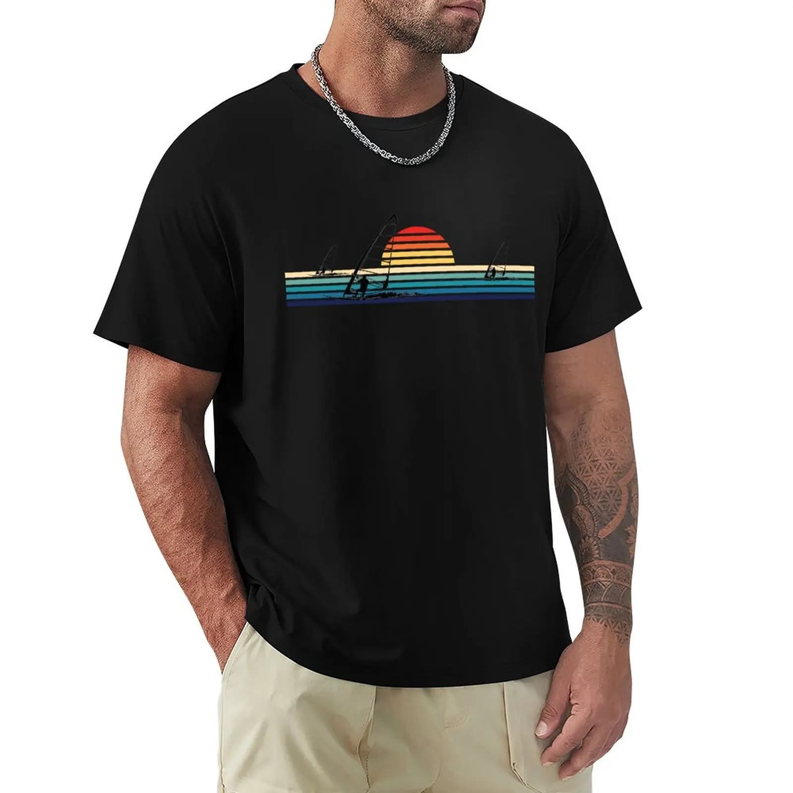 Windsurfing Retro Sunset Vintage stripe windsurf T-Shirt Clothing oversized t shirt Funny t-shirt for a boy clothes for men