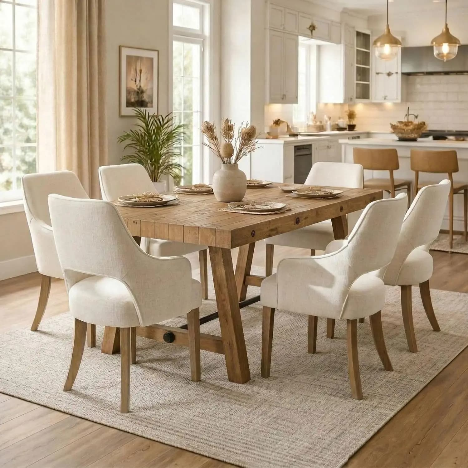 7-Piece Farmhouse Wooden Dining Room Table Set for 6, 59" Reclaimed Wood Dining Table with Upholstered Chairs, Solid Wood Kitche