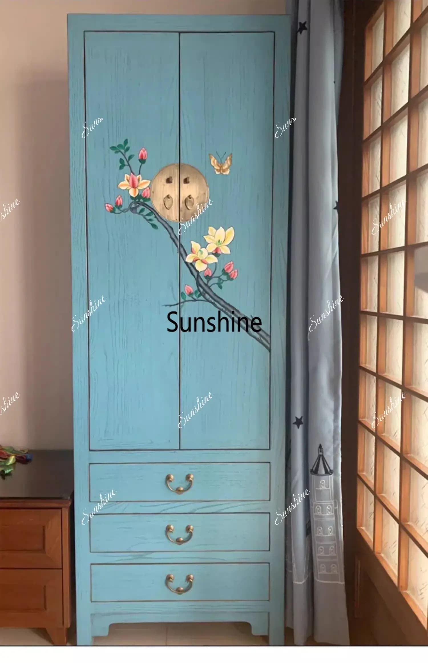 New Chinese solid wood antique painted flower and bird storage bedroom cabinet