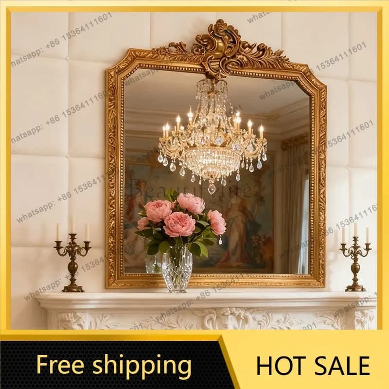 XX. French retro wall-mounted carved vanity mirror American porch corridor fireplace decorative mirror