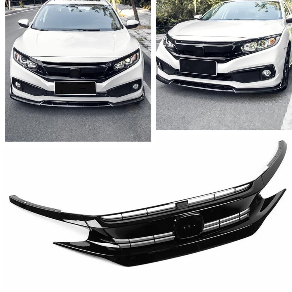 Front Grille For Honda Civic 10th 2016-2021 Coupe Sedan Glossy Black Racing Grills Upper Bumper Hood Mesh Splitter Spoiler