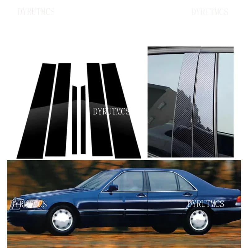 6PCS Glossy Black Pillar Post Fit For Mercedes Benz S Class W140 MK3 1992-1999 Silver Door Window Column BC Trim Sticker Cover