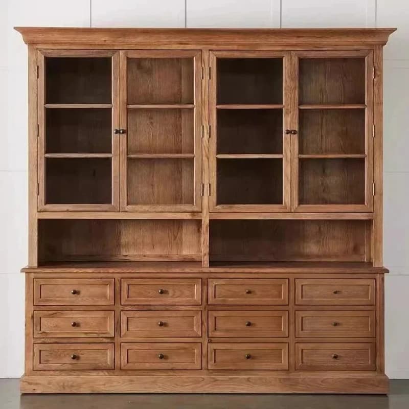 Vintage American Oak Sideboard: Solid Wood Dining Cabinet with Glass Doors for Wine Display, Books, and Retro Living Room Storag