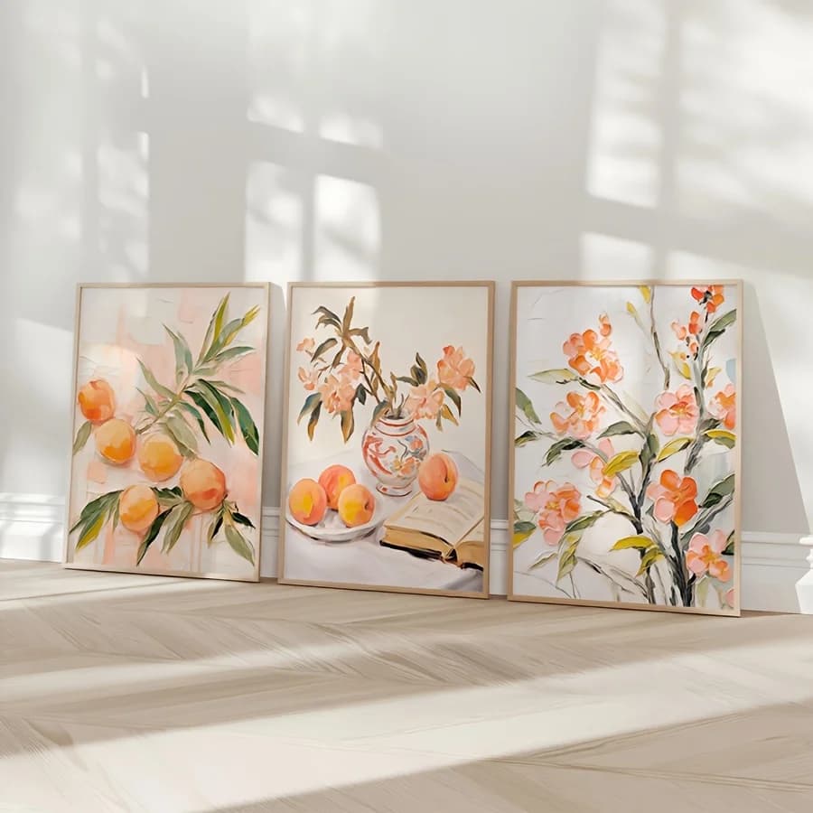 3Pcs Vintage Peach Fruit Flower Canvas Wall Paintings Rustic Style Decorative Suitable Kitchen Living Room Home Decoration