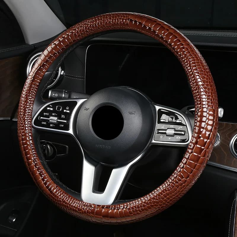 Universal Car Steering Wheel Cover Crocodile Pattern Faux PU Leather Non‑slip Sweat Absorption Comfort Grip Auto Interior