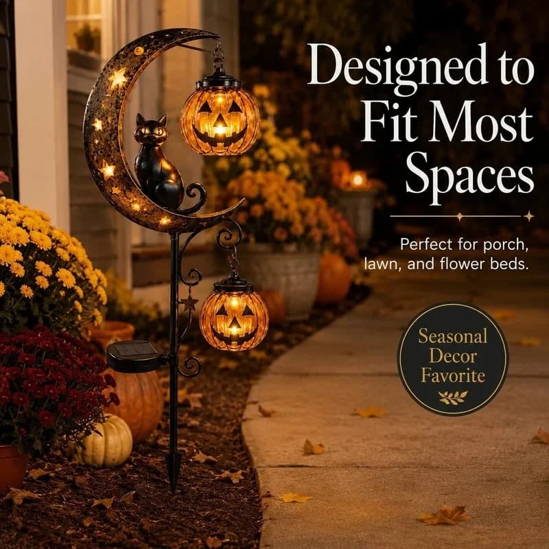 Halloween Garden Stake Light Black Cat On Moon Metal Yard Decor with Pumpkin Lantern Solar Powered Outdoor Lawn Pathway