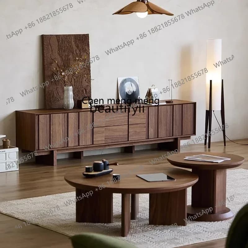 zxqSolid wood round coffee table, side living room household small apartment black walnut color child and mother, combination