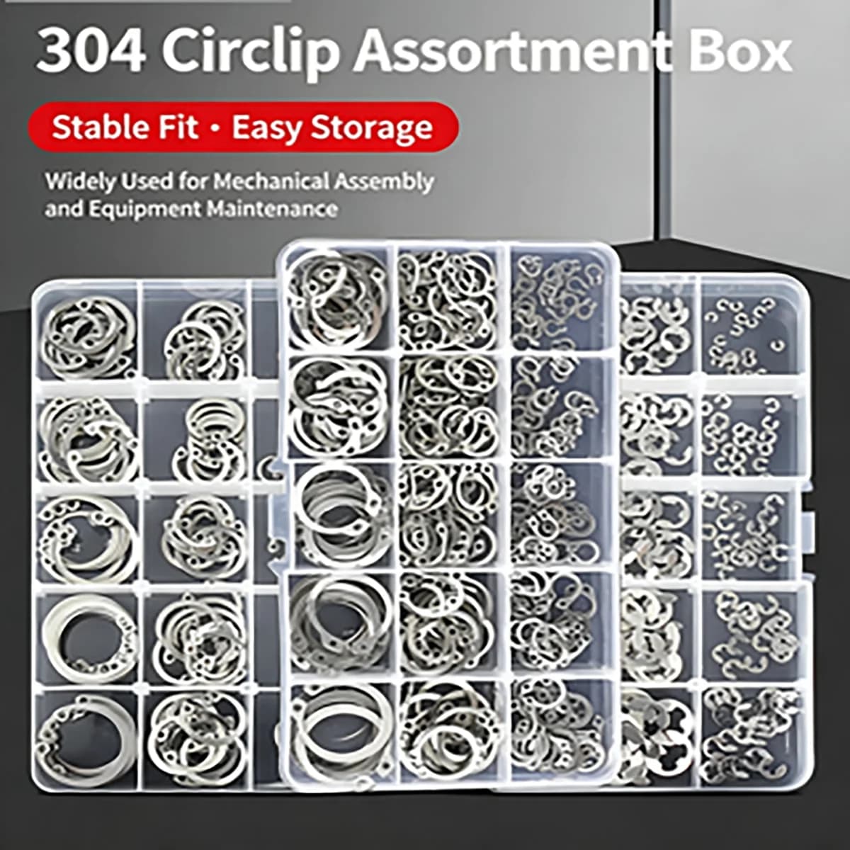 304 Stainless Steel Circlip Assortment Kit, 15 Assorted Sizes, for Machinery Repair & DIY Assembly