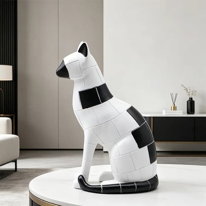 *qa Striped Color Block Sitting Cat Statue Resin Figurine Home Decor Living Room Entryway Gift#